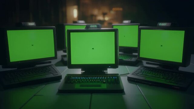 Multiple computer screens with green display in a dark room