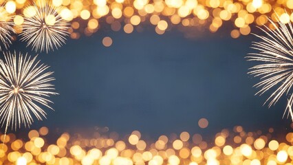 Fireworks exploding around a dark blue background with golden bokeh lights