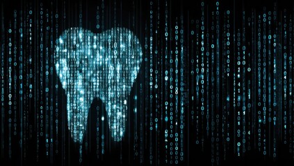 Glowing digital tooth silhouette against a dark background of cascading binary code