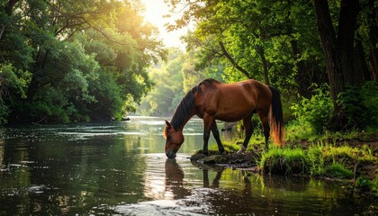 Horse drinking water in a serene river surrounded by lush greenery.