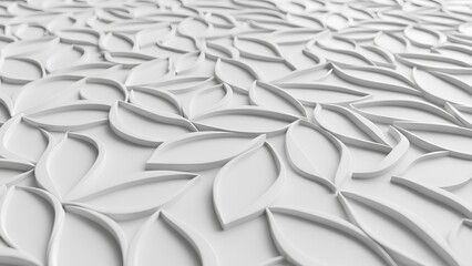 Obraz premium A close-up view of a white surface with a repeating pattern of intricately designed leaves.