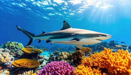 Magnificent shark swimming above vibrant coral reef in the ocean.