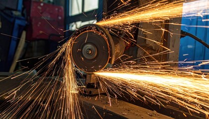 Grinding metal sparks flying, industrial work, close-up shot, workshop scene.