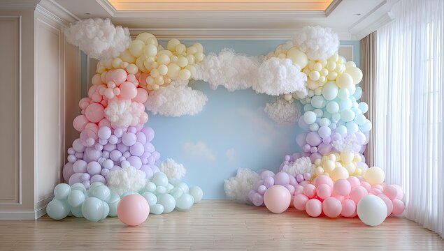 Pastel balloon rainbow with fluffy clouds creates a whimsical backdrop