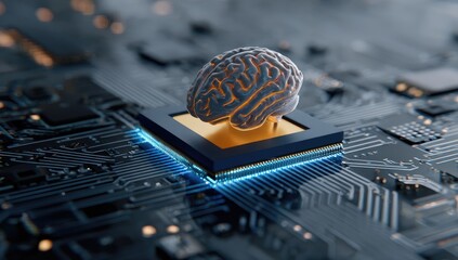 Glowing digital brain rests on a futuristic circuit board, signifying AI