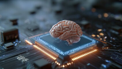 Organic brain rests on futuristic glowing circuitry and central processor