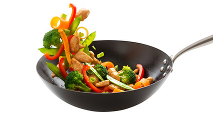 Colorful chicken stir fry with vegetables in hot wok, isolated on white or transparent background. PNG