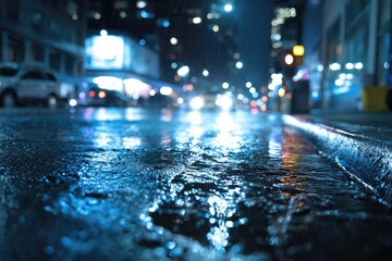 A wet city street at night reflecting lights with a low-angle view. Cars pass in the background