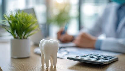 Dental professional at desk with tooth model, calculator, and plant