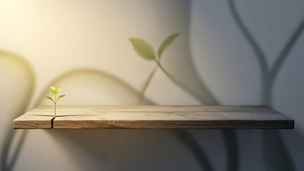 Small Green Plant Growing on Wooden Shelf in Minimalist Interior Scene