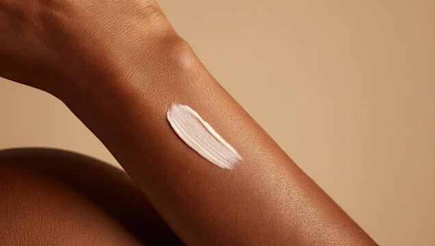 Close-up of a dark-skinned arm with a swatch of white lotion applied to its surface