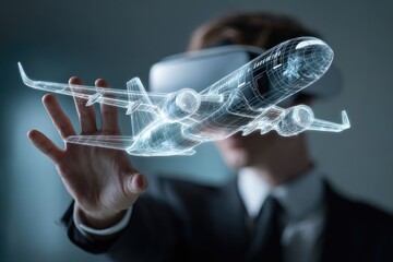 Man in VR headset interacts with a glowing holographic airplane model