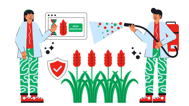Flat vector illustration explaining RNA interference technology applied to protect crops from pests and diseases