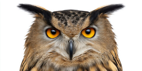Fototapeta premium Wise nature beak owl portrait bird animal wildlife symbolism culture amerindian totem heritage tribal feathered head eye watching alert peaceful isolated studio shot white background art design