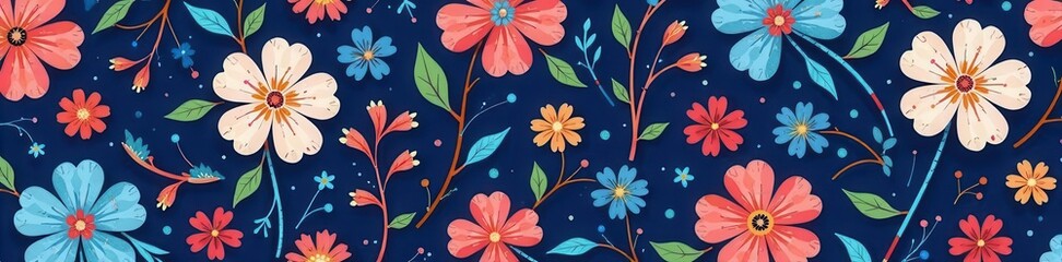 Fototapeta premium Dark blue seamless floral pattern Summer blooms intricately woven , botanical, design