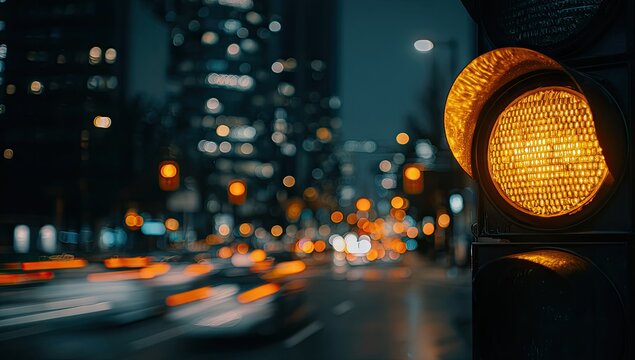 Night city traffic with blurred lights and glowing yellow traffic signal