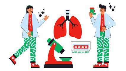 Naklejka premium Flat vector illustration of lung-on-a-chip technology used to study asthma and COPD respiratory diseases