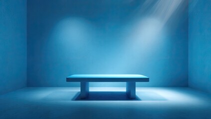 A minimalist, dimly lit room with a pedestal bathed in spotlight