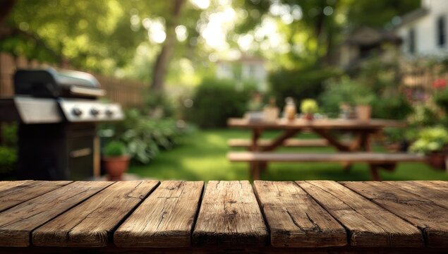 Sunny backyard with barbecue, picnic table, and rustic wooden foreground