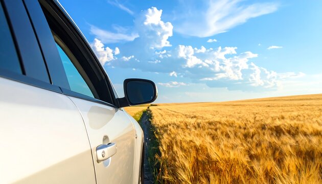 Close-up of a white vehicle's side, driving on a dirt road through a golden wheat field with a bright blue sky - Powered by Adobe