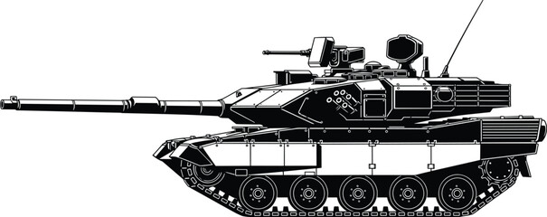 Modern military battle tank side view illustration isolated on white background showcasing armored vehicle firepower technology defense warfare concept operations strength © Mst
