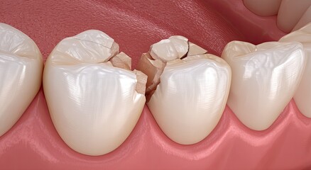 Close-up view of two fractured molars with visible cracks and broken enamel