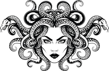 Mythical Medusa head illustration with detailed snake hair isolated on white background symbolizing Greek mythology power beauty danger fantasy art concept © Art_By_Aktarina
