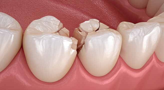 Close-up view of two fractured molars with visible cracks and broken enamel