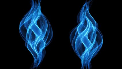 Two vertical, swirling ethereal blue flames dance against a stark black background