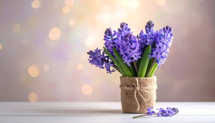 Fototapeta premium A close-up shot of a small bunch of purple flowers inside a rustic burlap-wrapped pot. A blurred, golden bokeh background