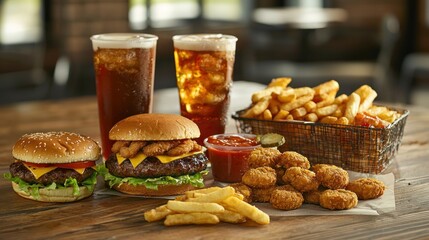 A variety of fast food items like burgers, nuggets, and soft drinks on a table in a casual dining setting