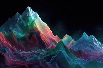 Ethereal, glowing mountain range with vibrant, swirling colors