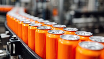 Rows of bright orange cans move along a factory conveyor belt