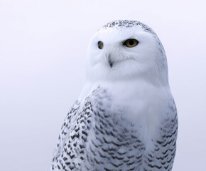 Fototapeta premium Alert white nature owl animal bird wildlife portrait animal portrait background white background studio shot isolated sitting watching eye head beak feather brown black peaceful natural light