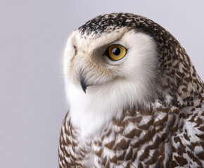Alert white nature owl animal bird wildlife portrait animal portrait background white background studio shot isolated sitting watching eye head beak feather brown black peaceful natural light