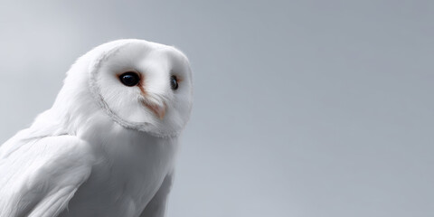Alert white nature owl animal bird wildlife portrait animal portrait background white background studio shot isolated sitting watching eye head beak feather brown black peaceful natural light