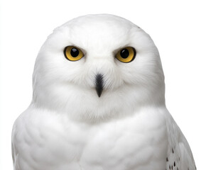 Alert white nature owl animal bird wildlife portrait background studio shot isolated sitting watching eye head beak feather brown black peaceful natural light design art closeup face ornithology