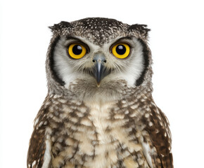 Fototapeta premium Alert white nature owl animal bird wildlife portrait animal portrait background white background studio shot isolated sitting watching eye head beak feather brown black peaceful natural light