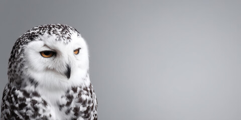 Alert white nature owl animal bird wildlife portrait animal portrait background white background studio shot isolated sitting watching eye head beak feather brown black peaceful natural light