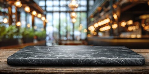 A dark marble countertop rests on a rustic wooden table in a softly lit restaurant