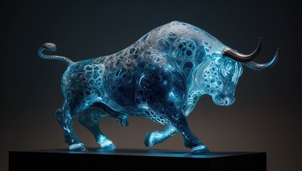 Translucent sculpted bull with intricate glowing patterns, posed powerfully