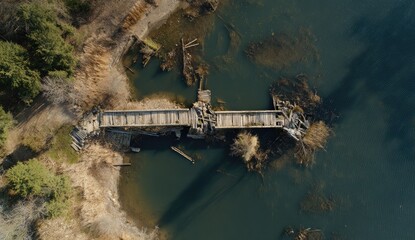 Aerial view of a decaying wooden bridge spanning a dark, tranquil body of water