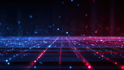 Digital grid of glowing red and blue particles receding into darkness