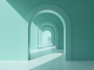 Fototapeta premium Modern Minimalist Corridor with Arched Windows: Green Monochrome 3D Rendering Featuring Symmetry and Contemporary Design