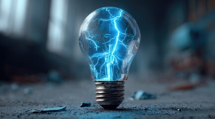 Glowing light bulb with electric blue lightning inside, on a gritty surface
