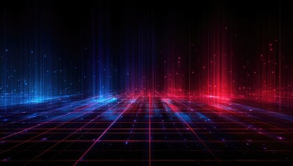 Abstract glowing digital grid with pulsating blue and red light beams