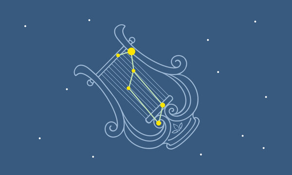 星空に浮かぶ琴座のイラスト（琴の絵とカラーの星座線）