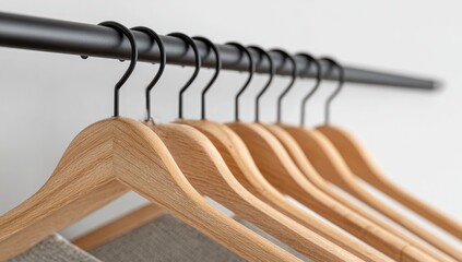 Row of wooden garment hangers on a metal rod