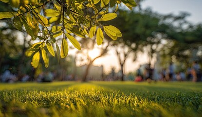 Sunlit park grass with silhouetted trees and distant figures in soft focus