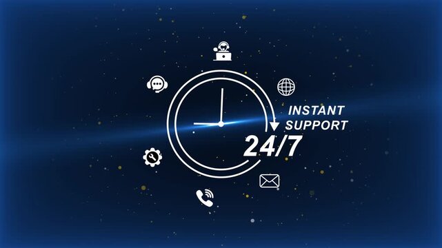 24/7 Instant Support Services Concept with Clock and on Dark Blue Background 24/7 support instant help